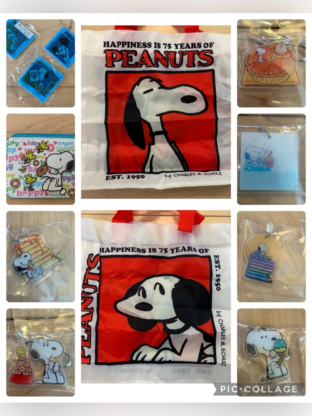 11 piece Snoopy lot bundle reversible tote bag zip wallet keychains charms